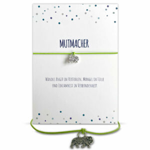 Mutmacher Geschenk - Glücksarmband mit Elefant und elastischem Armband und Grußkarte, apfelgrün