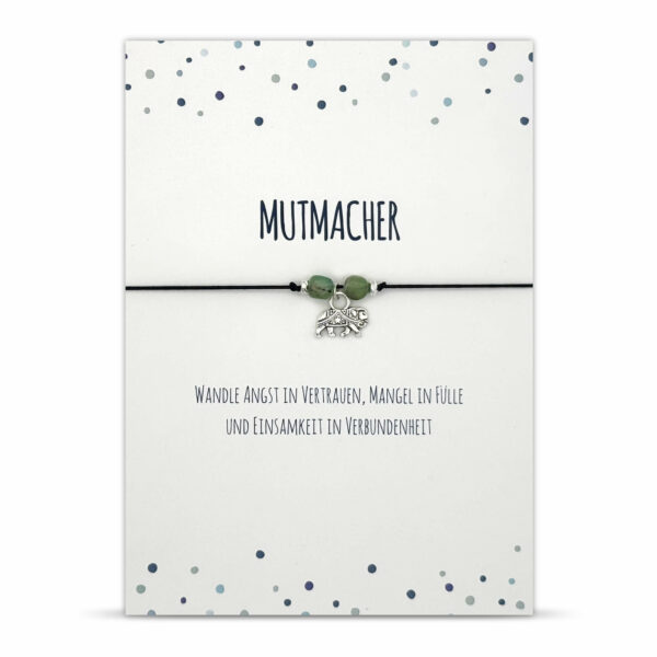 Mutmacher Geschenk - Glücksarmband mit Elefant, zwei Jade Edelsteinen, elastischem Armband und Grußkarte, schwarz