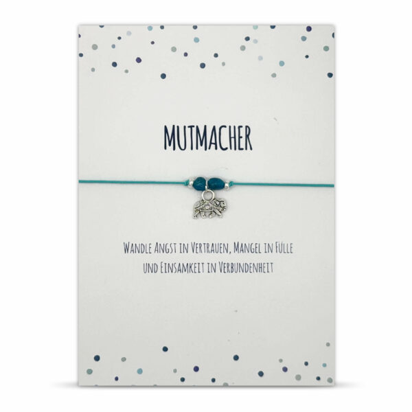Mutmacher Geschenk - Glücksarmband mit Elefant, zwei Apatit Edelsteinen, elastischem Armband und Grußkarte, türkis