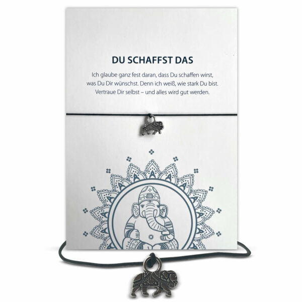 Motivations Geschenk - Du schaffst das-Glücksarmband mit Elefant und elastischem Armband und Grußkarte, deluxe, schwarz