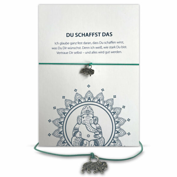 Motivations Geschenk - "Du schaffst das" Glücksarmband mit Elefant und elastischem Armband und Grußkarte, deluxe türkis