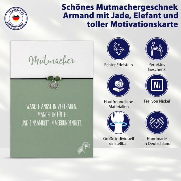 Mutmacher Geschenk - Glücksarmband mit Elefant, zwei Jade Edelsteinen, elastischem Armband und Grußkarte – Bild 8