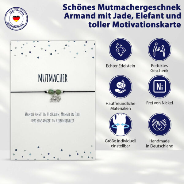 Mutmacher Geschenk - Glücksarmband mit Elefant, zwei Jade Edelsteinen, elastischem Armband und Grußkarte, schwarz – Bild 8