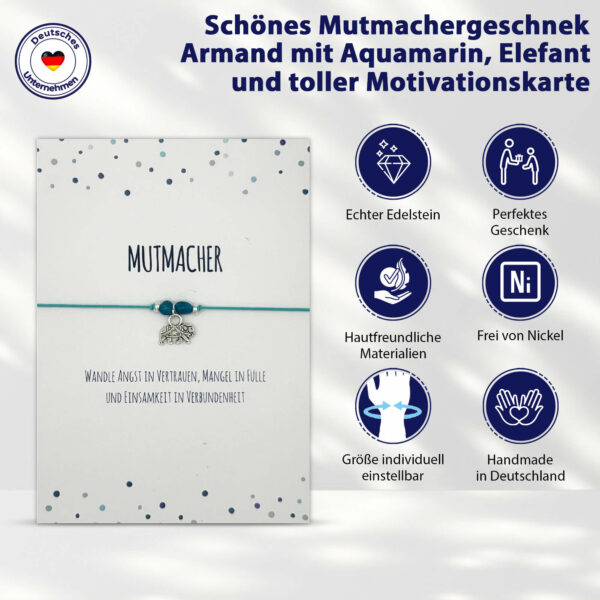 Mutmacher Geschenk - Glücksarmband mit Elefant, zwei Apatit Edelsteinen, elastischem Armband und Grußkarte, türkis – Bild 8