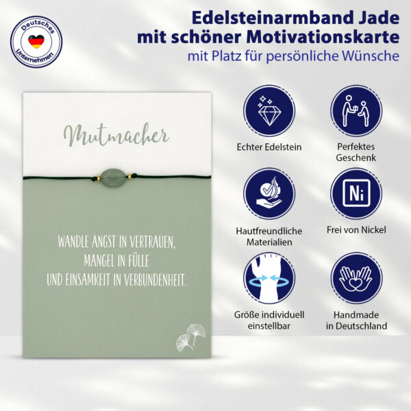 Mutmacher Geschenk - Glücksarmband mit schönem Jade Edelstein, edlen Satin-Armband in grün, goldener Schiebepele und Grußkarte – Bild 8