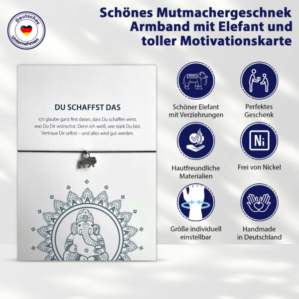 Motivations Geschenk - Du schaffst das-Glücksarmband mit Elefant und elastischem Armband und Grußkarte, deluxe, schwarz – Bild 7