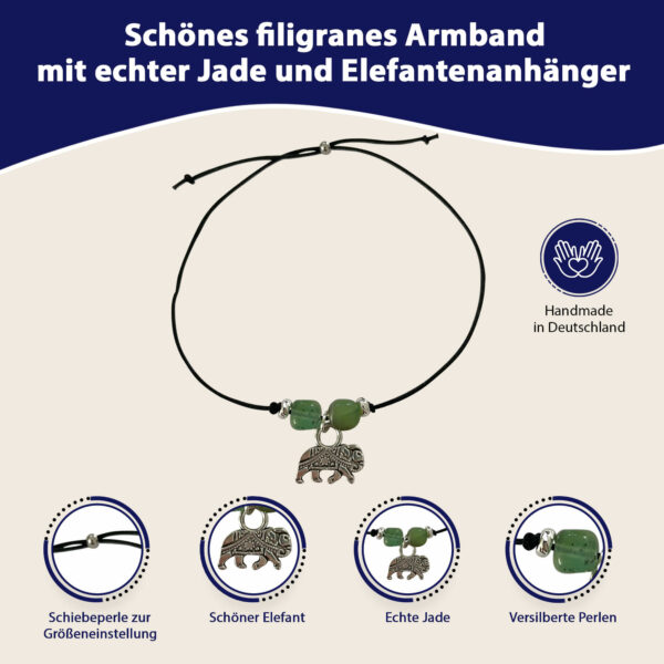 Mutmacher Geschenk - Glücksarmband mit Elefant, zwei Jade Edelsteinen, elastischem Armband und Grußkarte – Bild 2