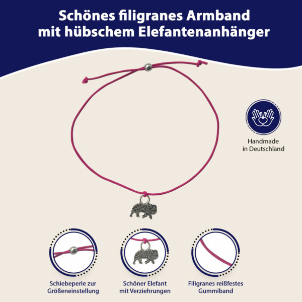 Mutmacher Geschenk - Glücksarmband mit Elefant und elastischem Armband und Grußkarte, beere – Bild 2