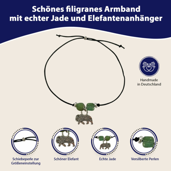 Mutmacher Geschenk - Glücksarmband mit Elefant, zwei Jade Edelsteinen, elastischem Armband und Grußkarte, schwarz – Bild 2