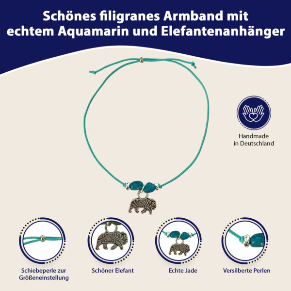 Mutmacher Geschenk - Glücksarmband mit Elefant, zwei Apatit Edelsteinen, elastischem Armband und Grußkarte, türkis – Bild 3