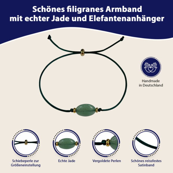 Mutmacher Geschenk - Glücksarmband mit schönem Jade Edelstein, edlen Satin-Armband in grün, goldener Schiebepele und Grußkarte – Bild 2