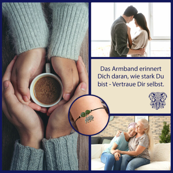 Mutmacher Geschenk - Glücksarmband mit Elefant, zwei Jade Edelsteinen, elastischem Armband und Grußkarte, schwarz – Bild 5