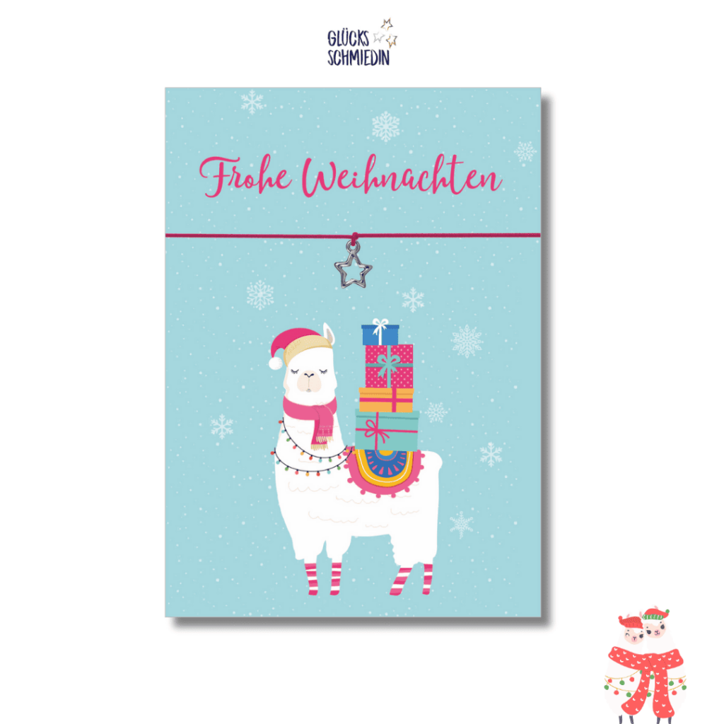 Karte Weihnachten, elastisches Armband in Pink mit Sternanhänger, silber, Lama, Geschenk zu Weihnachten