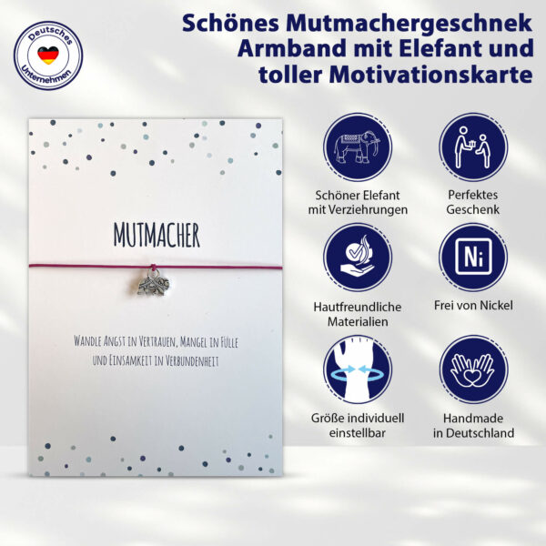 Mutmacher Geschenk - Glücksarmband mit Elefant und elastischem Armband und Grußkarte, beere – Bild 8