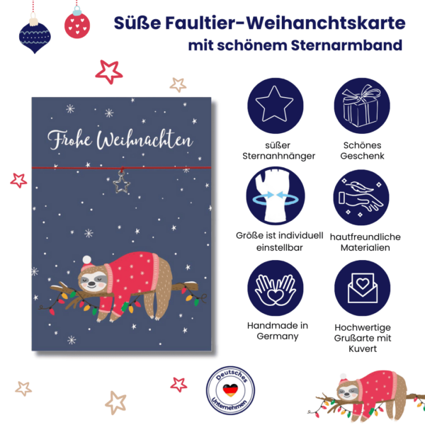 Karte Weihnachten, elastisches Armband in Rot mit Sternanhänger, silber, Faultier, Geschenk zu Weihnachten