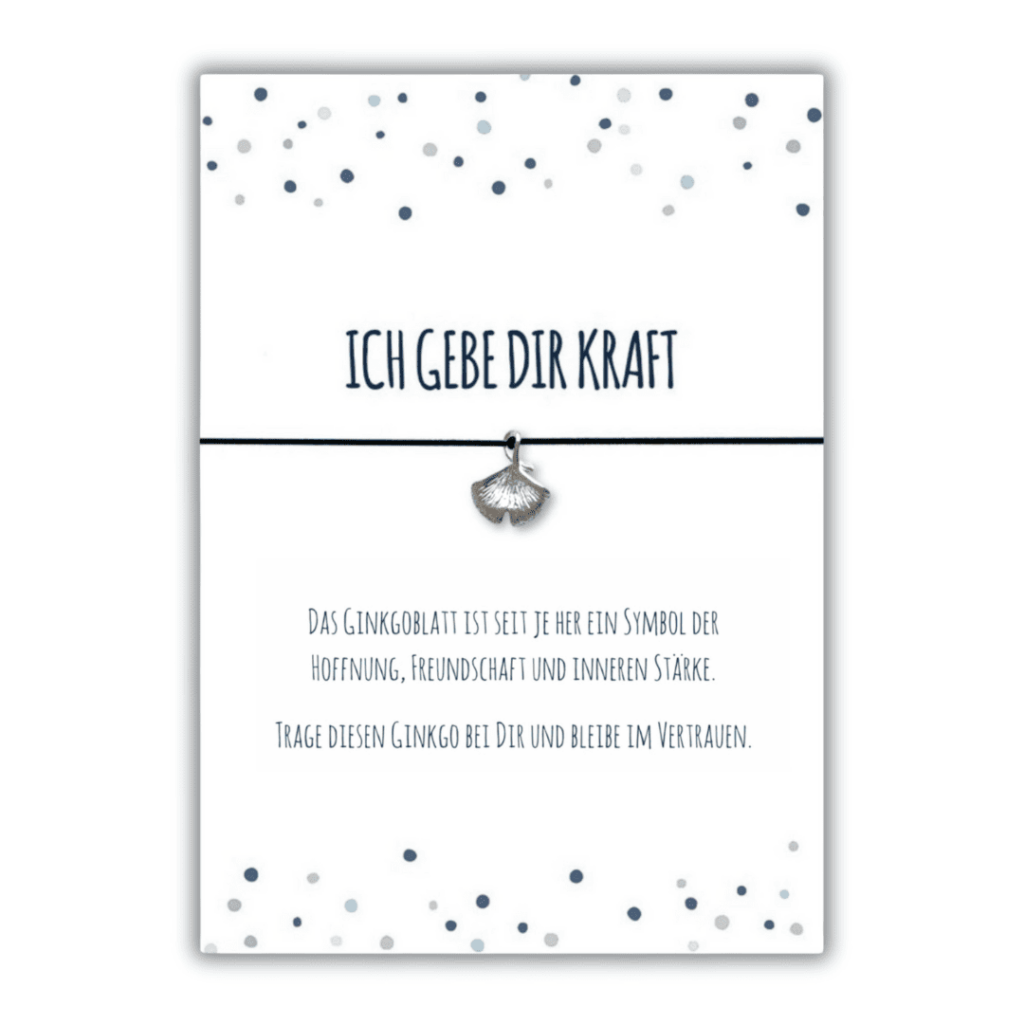 Mutmacher Geschenk mit Ginkgo Armband schwarz und Grußkarte