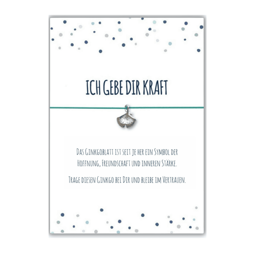 Mutmacher Geschenk mit Ginkgo Armband türkis und Grußkarte