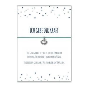 Mutmacher Geschenk mit Ginkgo Armband türkis und Grußkarte
