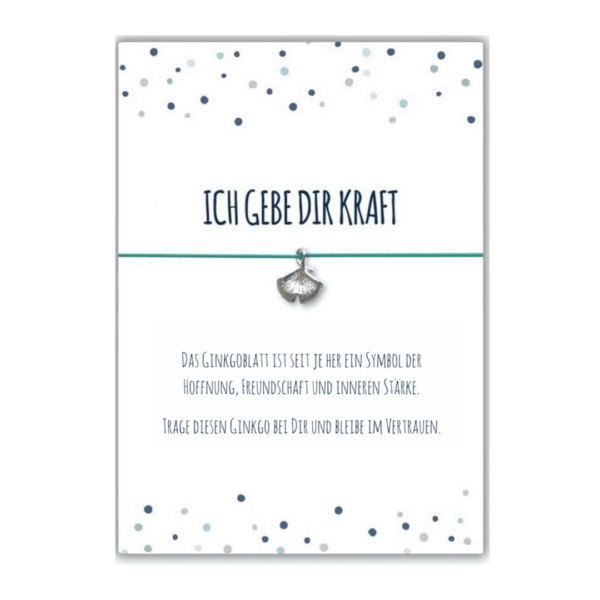 Mutmacher Geschenk mit Ginkgo Armband türkis und Grußkarte