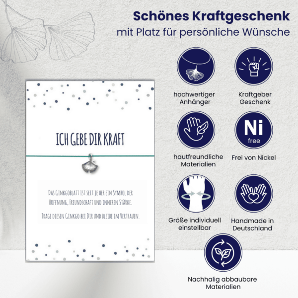 Mutmacher Geschenk mit Ginkgo Armband türkis und Grußkarte