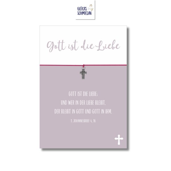Christliche Mutmacherkarte "Gott ist die Liebe" mit Kreuzarmband pink