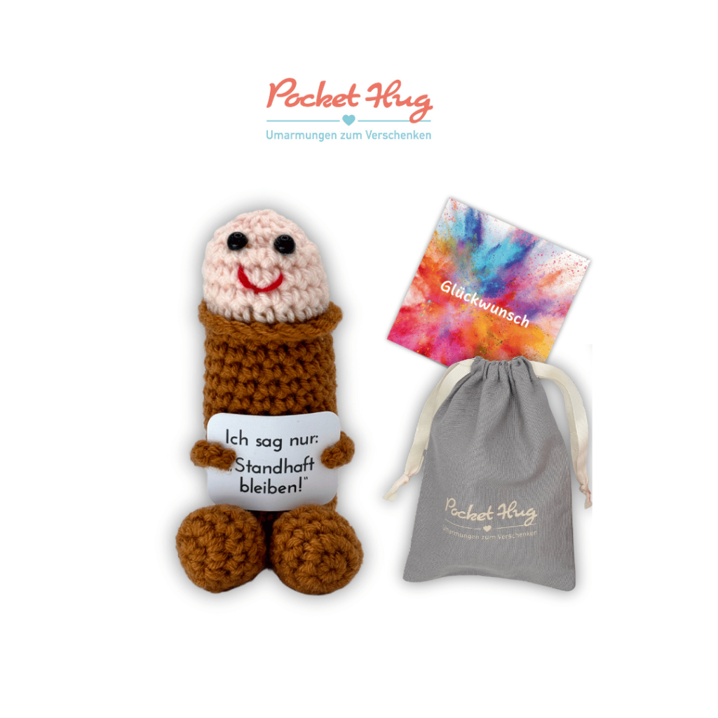 Pocket hug, gehäkelter Penis, lustiges Geschenk zu Jungesellinenabschied, Trennung, Schreibtischdeko und vieles mehr mit Schild: Ich sag nur standhaft bleiben, im edlen Leinenbeutel mit Glückwunschkarte