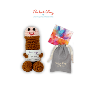 Penis to go, gehäkelter Penis als Glücksbringer, braun, mit Grußkarte und edlem Leinenbeutel