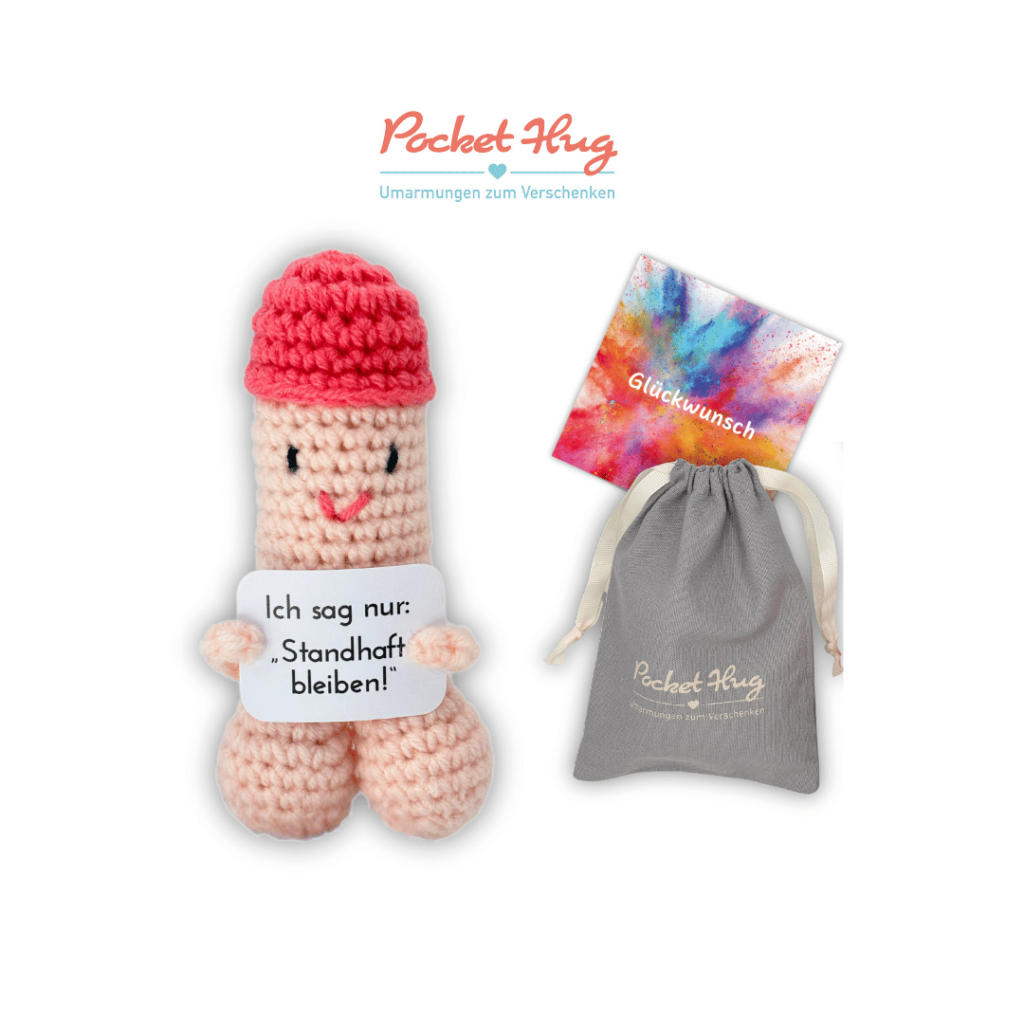Pocket hug, gehäkelter Penis, lustiges Geschenk zu Jungesellinenabschied, Trennung, Schreibtischdeko und vieles mehr mit Schild: Ich sag nur standhaft bleiben, im edlen Leinenbeutel mit Glückwunschkarte