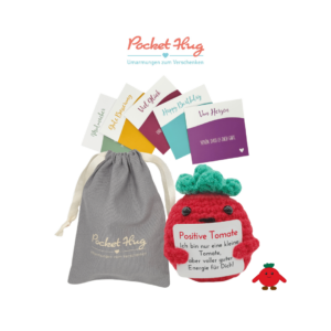Gehäkelte Tomate mit Botschaft – Geschenk mit guter Energie inkl. Leinensäckchen und Grußkarten, pocked hug