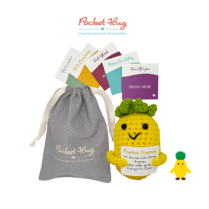Pocked hug, Positive Ananas für gute Energie, gehäkelte Ananas, Wunscherfüller mit fünf Grußkarten