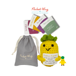 Gehäkelte Ananas mit Motivationsbotschaft "Du schaffst das" – Geschenk für jede Gelegenheit inkl. Leinensäckchen und vier Grußkarten