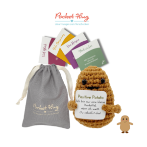 Gehäkelte Kartoffel mit Motivationsbotschaft "Du schaffst das" – Geschenk für jede Gelegenheit inkl. Leinensäckchen und vier Grußkarten