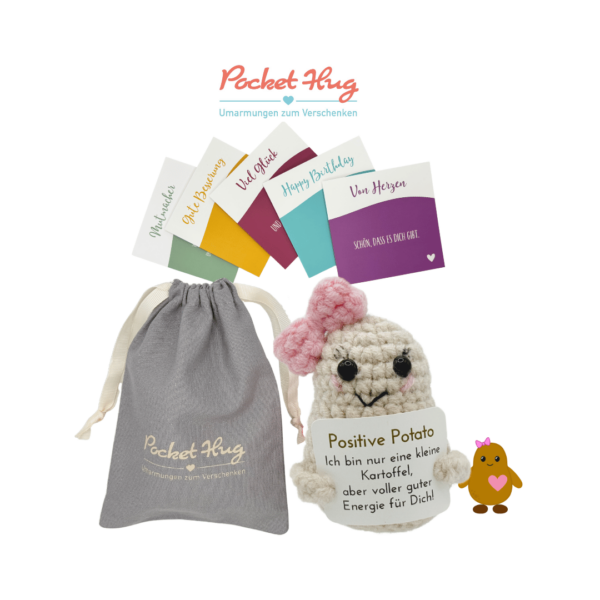 Gehäkeltes Kartoffel-Mädchen mit Botschaft – Geschenk mit guter Energie inkl. Leinensäckchen und fünf Grußkarten, pocked hug