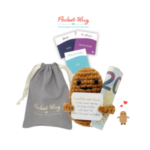 Kartoffel mit Herz, gehäckelte Kartoffel, besonderes Geldgeschenk, mit drei Glückwunschkarten, Pocked Hug