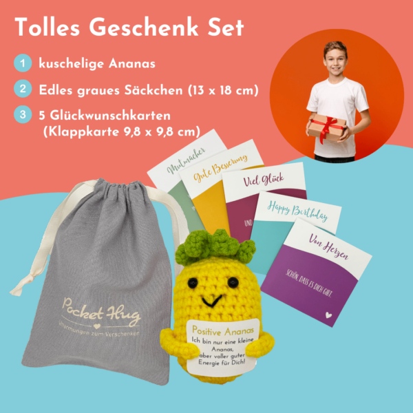 Pocked hug, Positive Ananas für gute Energie, gehäkelte Ananas, Wunscherfüller mit fünf Grußkarten