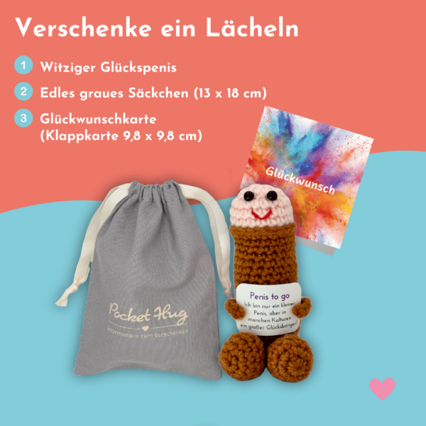 Penis to go, gehäkelter Penis als Glücksbringer, braun, mit Grußkarte und edlem Leinenbeutel