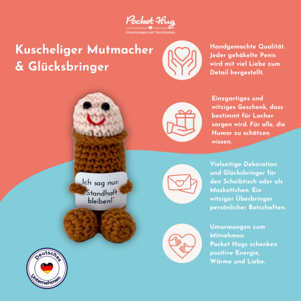 Pocket hug, gehäkelter Penis, lustiges Geschenk zu Jungesellinenabschied, Trennung, Schreibtischdeko und vieles mehr mit Schild: Ich sag nur standhaft bleiben, im edlen Leinenbeutel mit Glückwunschkarte