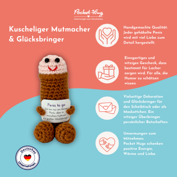 Penis to go, gehäkelter Penis als Glücksbringer, braun, mit Grußkarte und edlem Leinenbeutel
