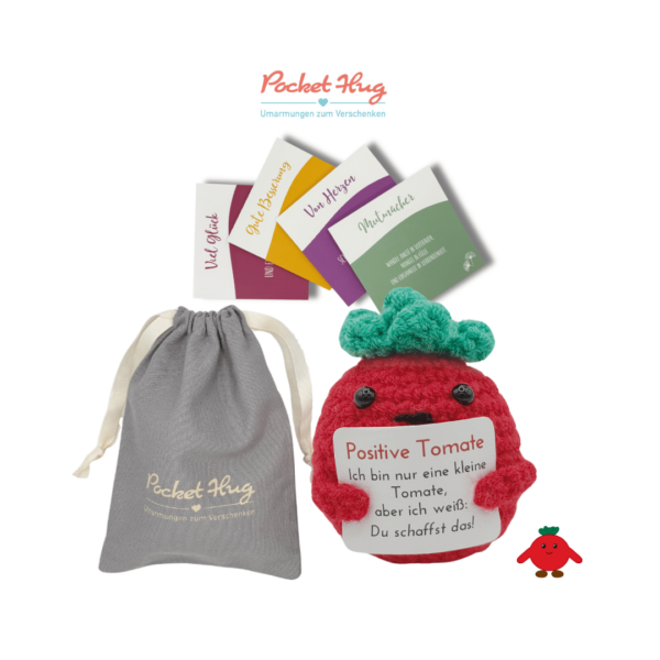 Gehäkelte Tomate mit Motivationsbotschaft "Du schaffst das" – Geschenk für jede Gelegenheit inkl. Leinensäckchen und vier Grußkarten