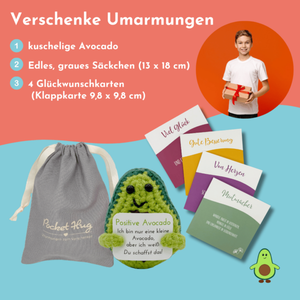 Gehäkelte Avocado mit Motivationsbotschaft "Du schaffst das" – Geschenk für jede Gelegenheit inkl. Leinensäckchen und vier Grußkarten – Bild 4