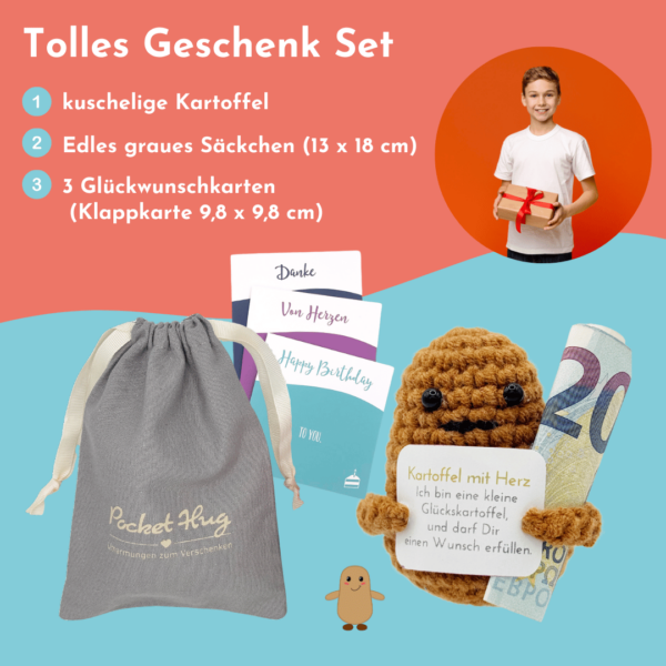 Kartoffel mit Herz, gehäckelte Kartoffel, besonderes Geldgeschenk, mit drei Glückwunschkarten, Pocked Hug – Bild 6