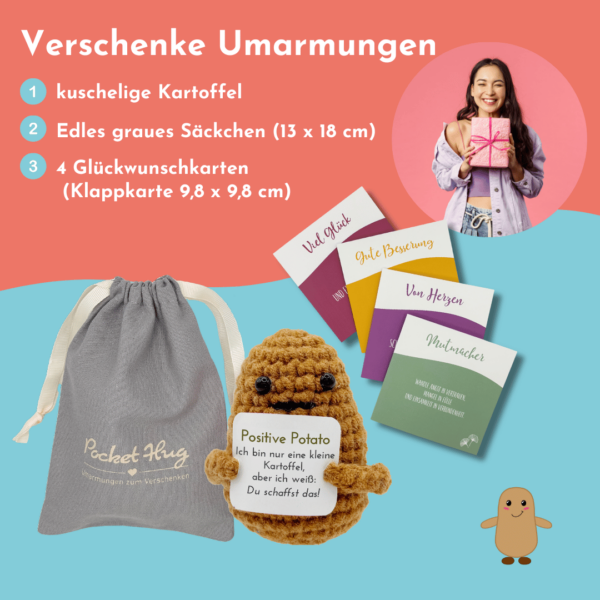 Gehäkelte Kartoffel mit Motivationsbotschaft "Du schaffst das" – Geschenk für jede Gelegenheit inkl. Leinensäckchen und vier Grußkarten (Kopieren) – Bild 4