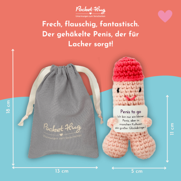 Penis to go, gehäkelter Penis als Glücksbringer, hautfarben, mit Grußkarte und edlem Leinenbeutel