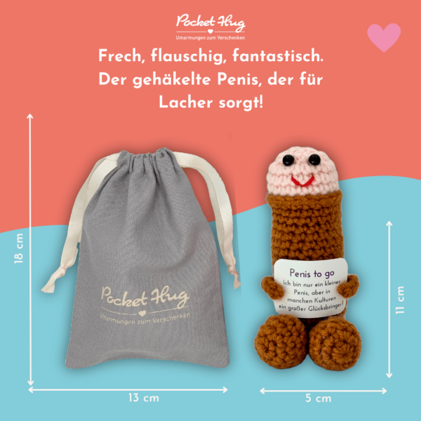 Penis to go, gehäkelter Penis als Glücksbringer, braun, mit Grußkarte und edlem Leinenbeutel