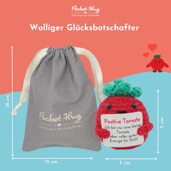 Gehäkelte Tomate mit Botschaft – Geschenk mit guter Energie inkl. Leinensäckchen und Grußkarten, pocked hug – Bild 7