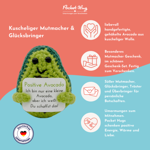 Gehäkelte Avocado mit Motivationsbotschaft "Du schaffst das" – Geschenk für jede Gelegenheit inkl. Leinensäckchen und vier Grußkarten – Bild 3