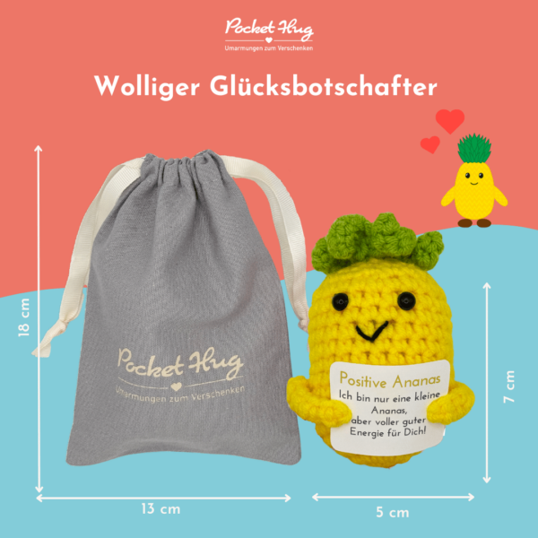 Pocked hug, Positive Ananas für gute Energie, gehäkelte Ananas, Wunscherfüller mit fünf Grußkarten