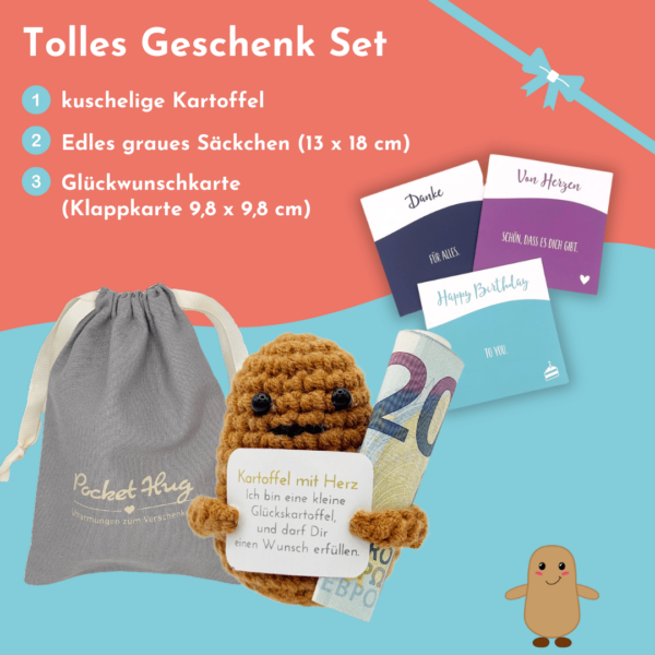 Kartoffel mit Herz, gehäckelte Kartoffel, besonderes Geldgeschenk, mit drei Glückwunschkarten, Pocked Hug – Bild 4