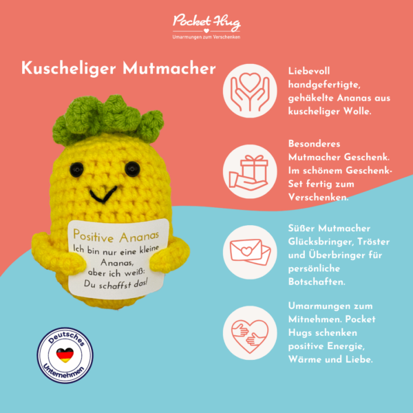 Gehäkelte Ananas mit Motivationsbotschaft "Du schaffst das" – Geschenk für jede Gelegenheit inkl. Leinensäckchen und vier Grußkarten – Bild 3