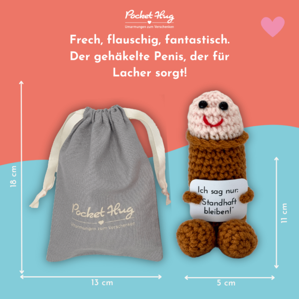 Pocket hug, gehäkelter Penis, lustiges Geschenk zu Jungesellinenabschied, Trennung, Schreibtischdeko und vieles mehr mit Schild: Ich sag nur standhaft bleiben, im edlen Leinenbeutel mit Glückwunschkarte